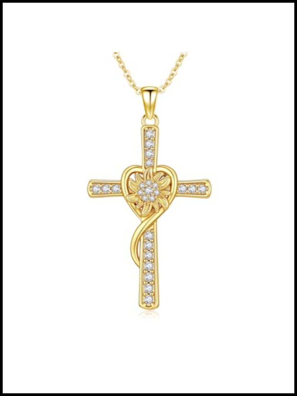 14K Gold Plated Cross Necklace with Figaro Chain & CZ Pendant